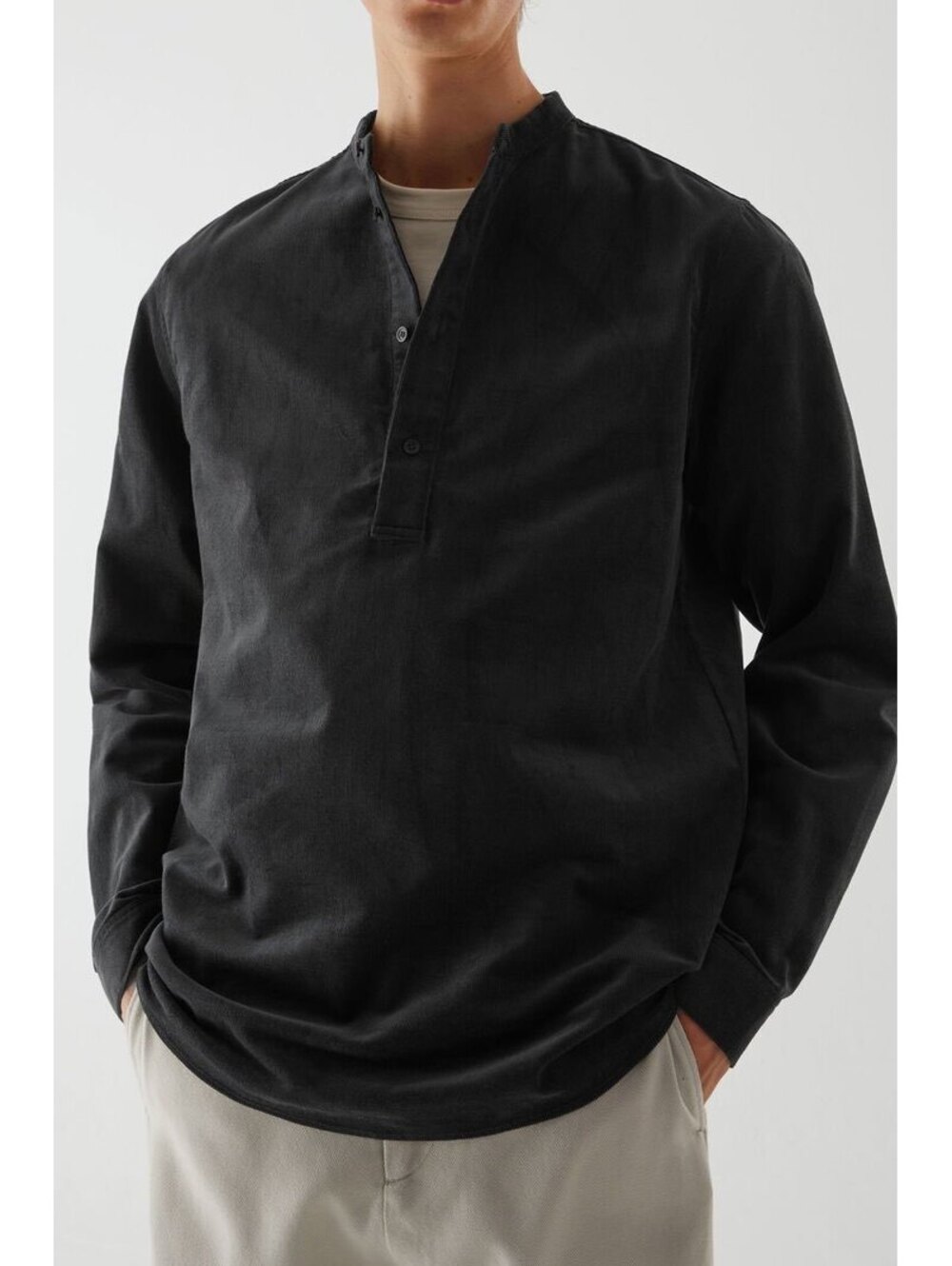 COS Men’s Black Cotton Corduroy Tunic Shirt Size Large Collarless Minimalist